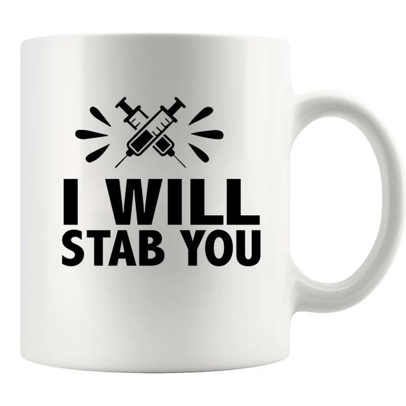 Tailorly White Ceramic 11 oz Mug - I Will Stab You Crossing Medical Syringes With Splashing Liquid Droplets Scattered Around Bold Letters Syringe