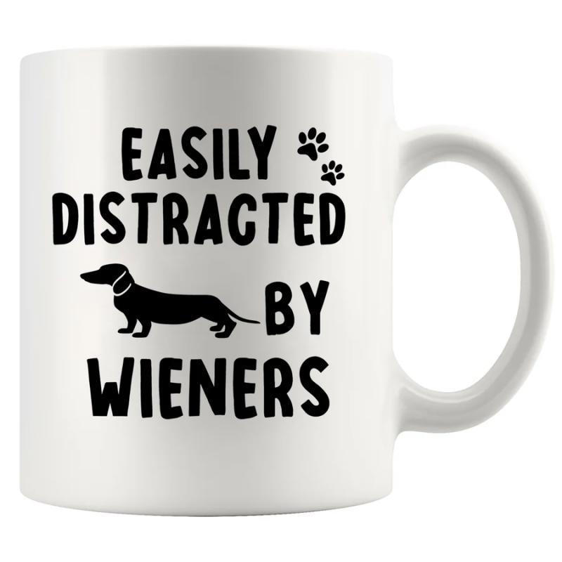 Tailorly White Ceramic 11 oz Mug - Easily Distracted By Wieners Minimalist Silhouette Of A Dachshund Dog With Small Paw Prints Dachshund