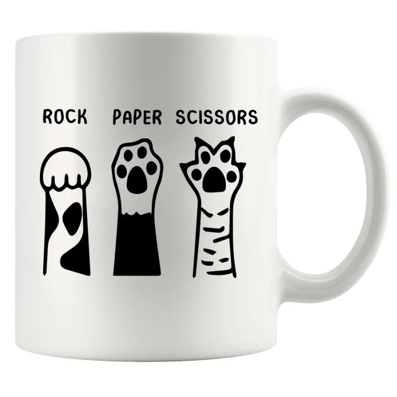 Tailorly White Ceramic 11 oz Mug - Rock Paper Scissors Playful Minimalist Black And White Feline Illustration Showing Game Poses Paw