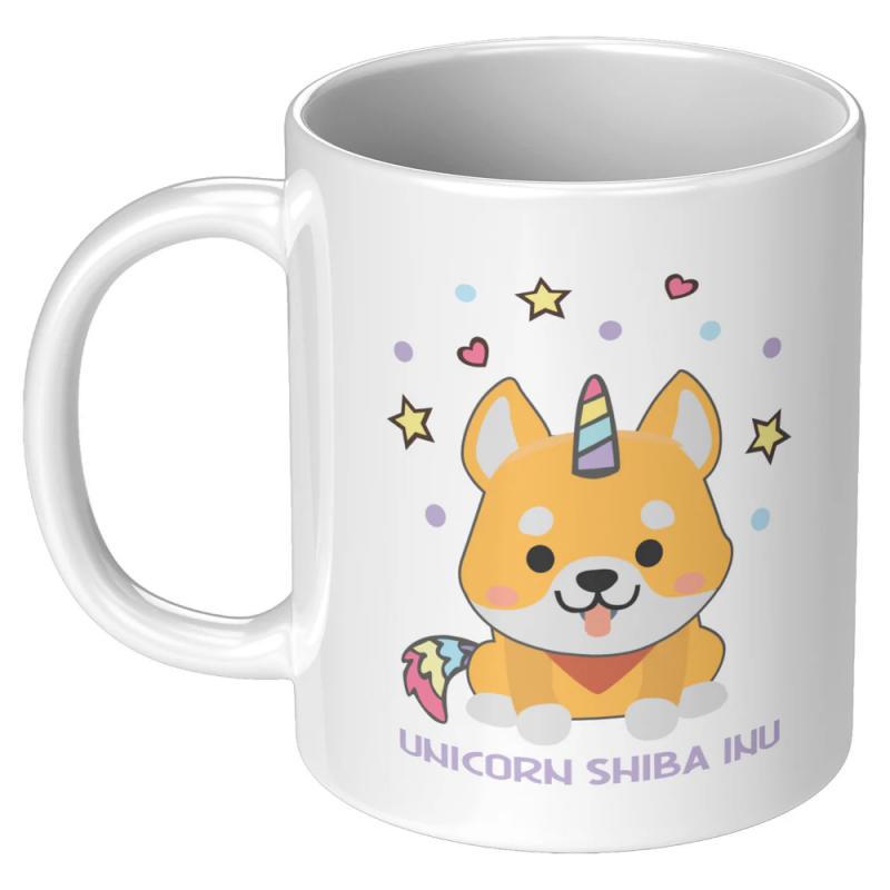 Tailorly White Ceramic 11 oz Mug - Unicorn Shiba Inu Adorable Cartoon Dog With Rainbow Horn Among Twinkling Stars Shiba Inu