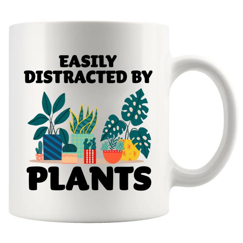Tailorly White Ceramic 11 oz Mug - Easily Distracted By Plants Vibrant Potted Greenery Featuring Artistic Decorative Containers In Modern Style Plants
