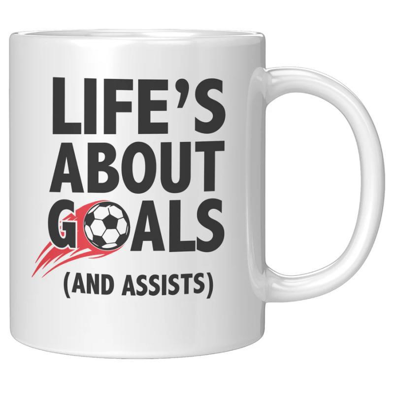 Tailorly White Ceramic 11 oz Mug - Lifes About Goals And Assists Flying High Speed Motion With Red Dynamic Swoosh Soccer Ball