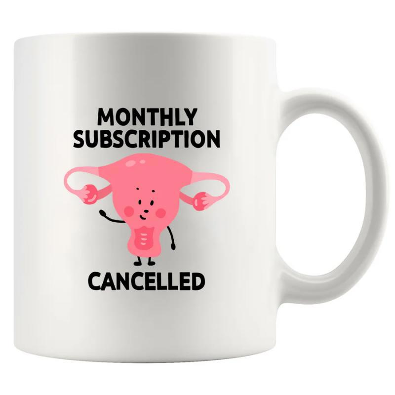 Tailorly White Ceramic 11 oz Mug - Monthly Subscription Cancelled Cute Pink Cartoon Character With Friendly Face Waving Its Hand Uterus