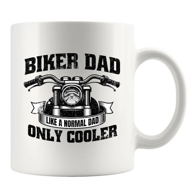 Tailorly White Ceramic 11 oz Mug - Biker Dad Like A Normal Dad Only Cooler Front View Distressed Vintage Style With Detailed Handlebars And Headlight Motorcycle