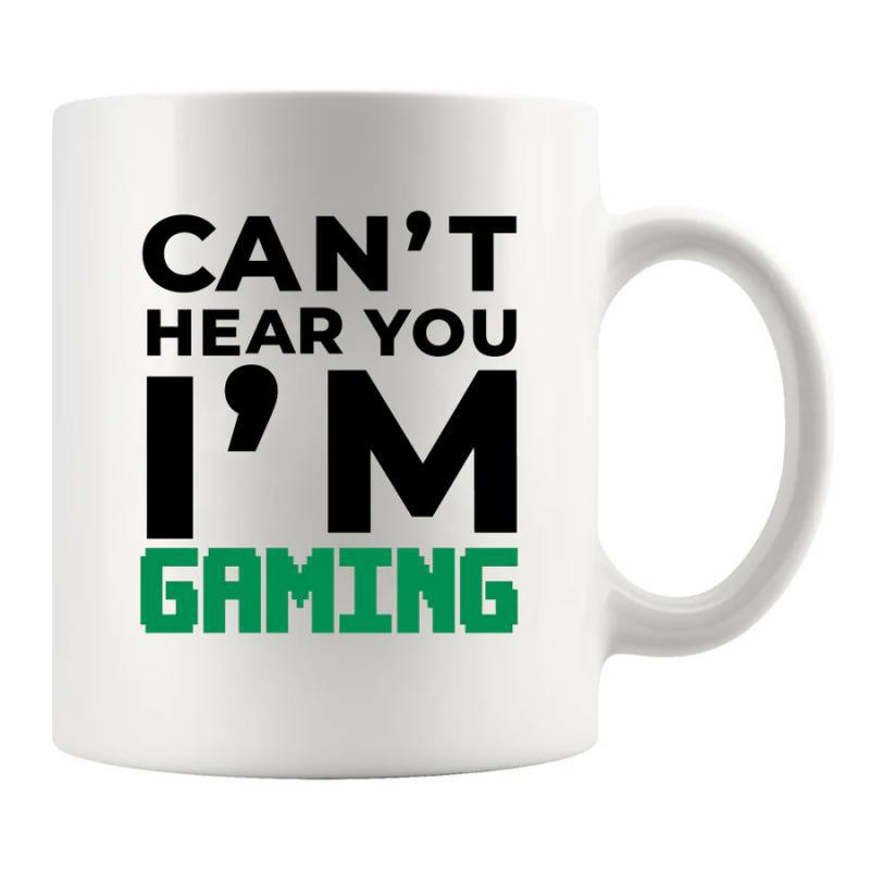 Tailorly White Ceramic 11 oz Mug - Can't Hear You I'm Gaming Bold Minimalist Typography Design With Green Pixelated Digital Style Slogan