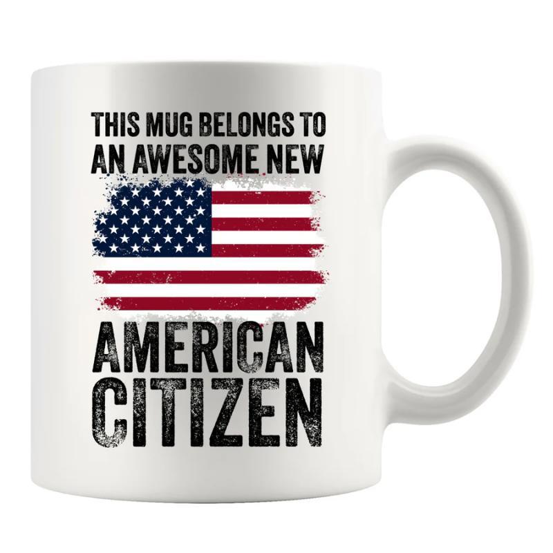 Tailorly White Ceramic 11 oz Mug - This Mug Belongs To An Awesome New American Citizen Patriotic Distressed Vintage Style Stars And Stripes Waving Pride Symbol