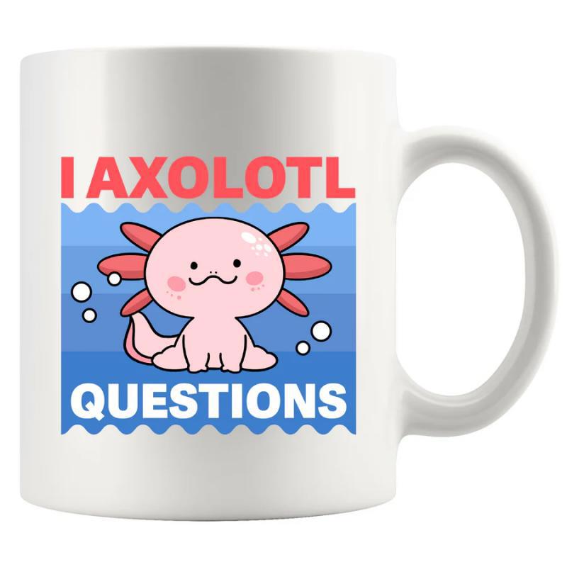 Tailorly White Ceramic 11 oz Mug - I Axolotl Questions Cute Pink Cartoon Axolotl Swimming Deep Inside Blue Wavy Bubbling Ocean Axolotl