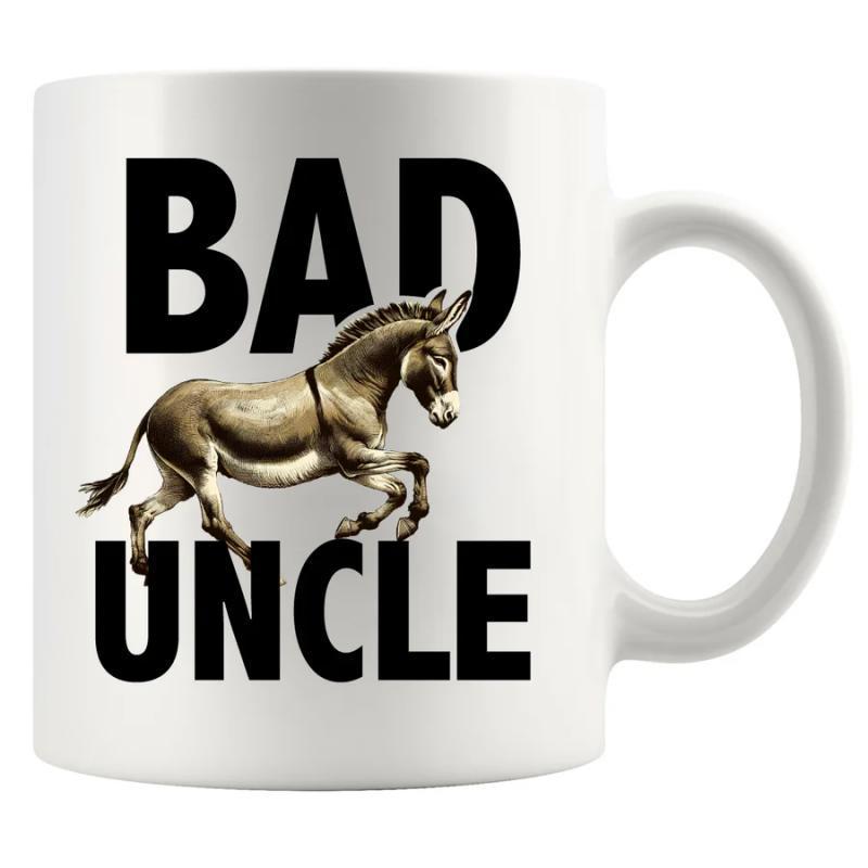 Tailorly White Ceramic 11 oz Mug - Bad Uncle Realistic Wild Donkey Running Across Large Bold Sans Serif Letters Donkey