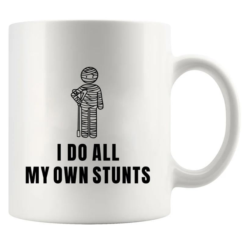 Tailorly White Ceramic 11 oz Mug - I Do All My Own Stunts Simple Minimalist Bandaged Person Standing With A Single Crutch Figure