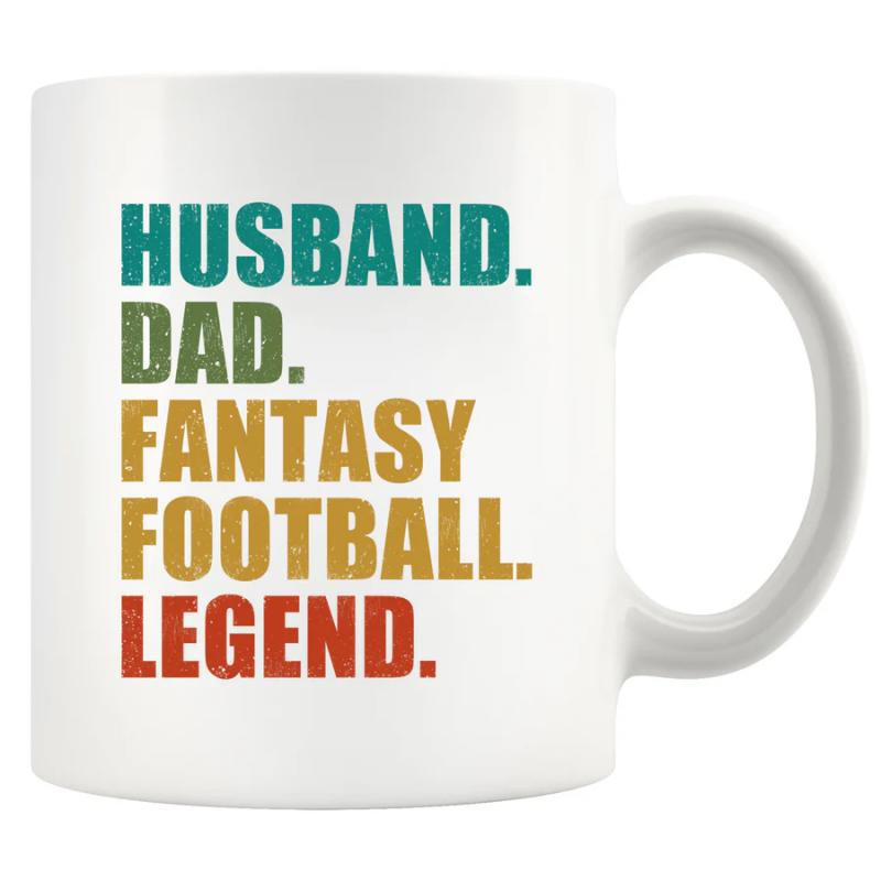 Tailorly White Ceramic 11 oz Mug - Husband Dad Fantasy Football Legend Retro Distressed Colorful Letters Stacked Vertically On Clean Surface Typography