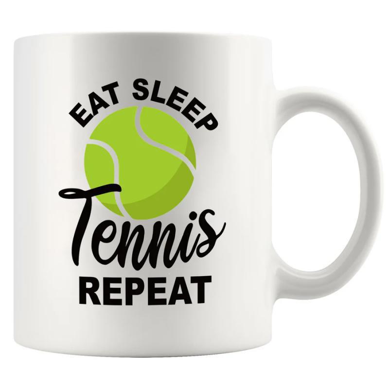 Tailorly White Ceramic 11 oz Mug - Eat Sleep Tennis Repeat Vibrant Lime Green Sports Equipment With Classic Curved White Seams Tennis Ball