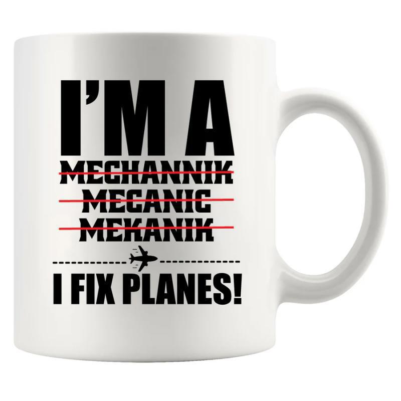 Tailorly White Ceramic 11 oz Mug - Im A I Fix Planes Bold Black Text With Red Strikeout Lines And Small Flying Silhouette Airplane