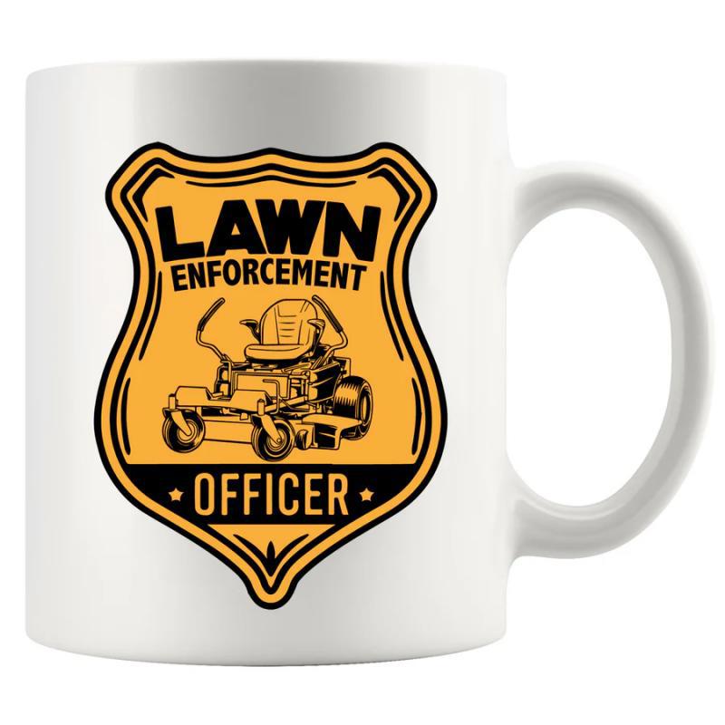 Tailorly White Ceramic 11 oz Mug - Lawn Enforcement Officer Vibrant Yellow Shield Featuring Detailed Riding Lawn Mower