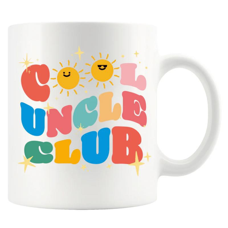 Tailorly White Ceramic 11 oz Mug - Cool Uncle Club Retro Colorful Wavy Letters With Smiling Faces And Sparkling Stars Sun