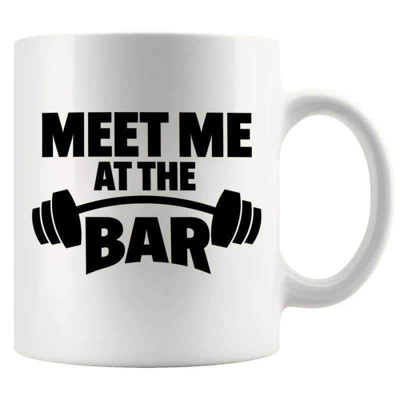 Tailorly White Ceramic 11 oz Mug - Meet Me At The Bar Slightly Curved Black Silhouette Of A Heavy Weighted Gym Lifting Barbell