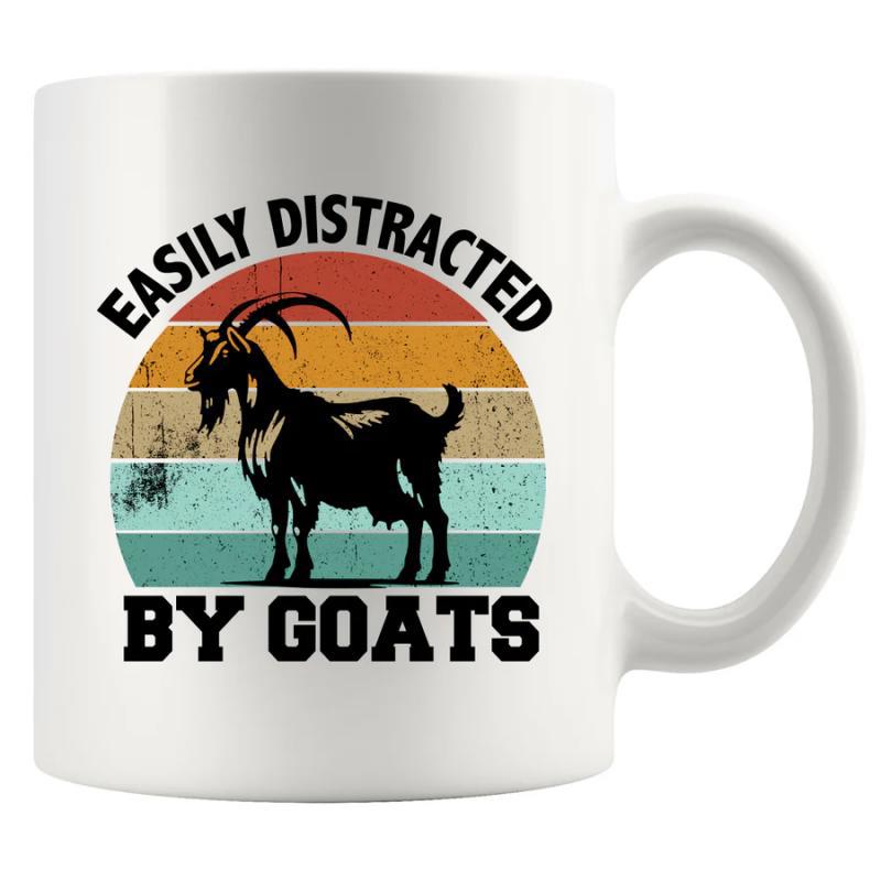 Tailorly White Ceramic 11 oz Mug - Easily Distracted By Goats Retro Vintage Sunset Background Featuring A Standing Mountain Farm Goat