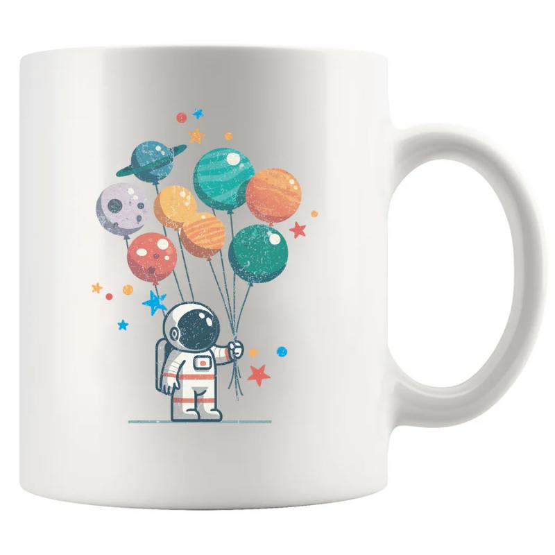 Tailorly White Ceramic 11 oz Mug - Minimalist Style Character Holding Vibrant Colorful Planet Balloons In Space Astronaut