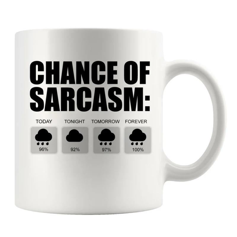 Tailorly White Ceramic 11 oz Mug - Chance Of Sarcasm Today Tonight Tomorrow Forever Humorous Weather Forecast Display Featuring Rain Cloud Icons In Grid Mug