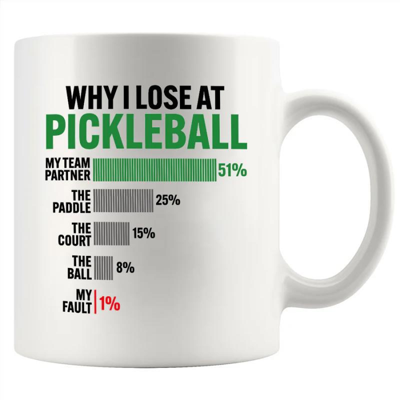 Tailorly White Ceramic 11 oz Mug - Why I Lose At Pickleball Horizontal Colorful Bar Chart Illustrating Various Funny Sport Loss Reasons Chart