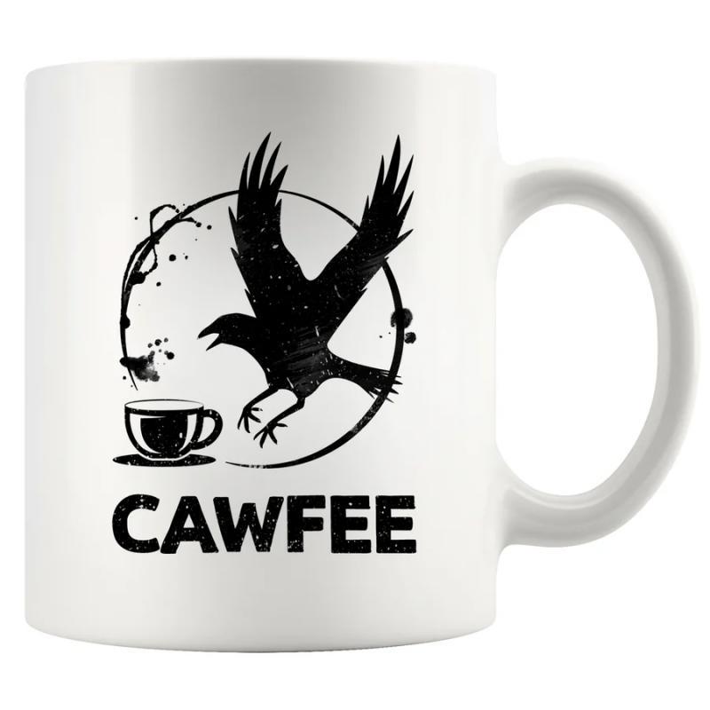 Tailorly White Ceramic 11 oz Mug - Cawfee Mysterious Black Bird Flying Over Steaming Cup Within Splatter Circle Crow