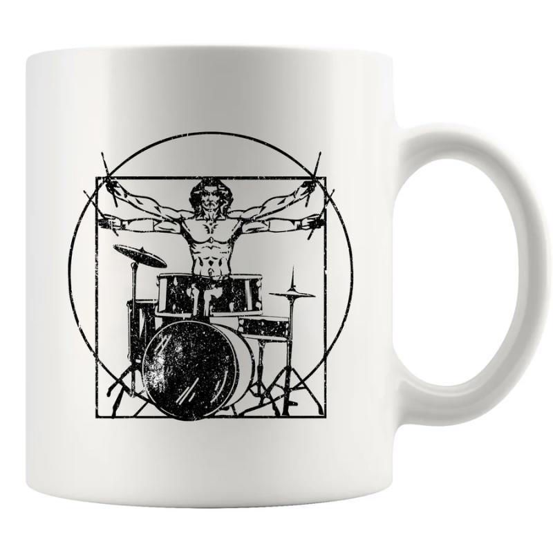 Tailorly White Ceramic 11 oz Mug - Classic Artistic Style Musical Musician Sketch Playing Professional Percussion Set In Frame Drummer