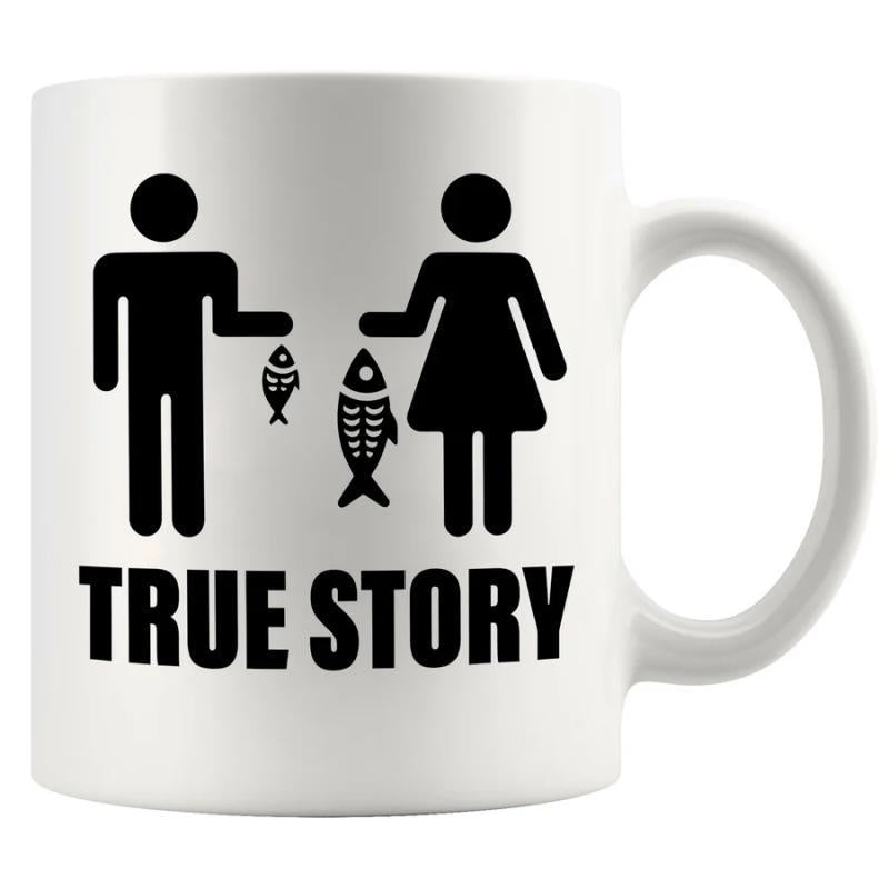 Tailorly White Ceramic 11 oz Mug - True Story Minimalist Figures Of Man And Woman Comparing Their Different Fish Couple