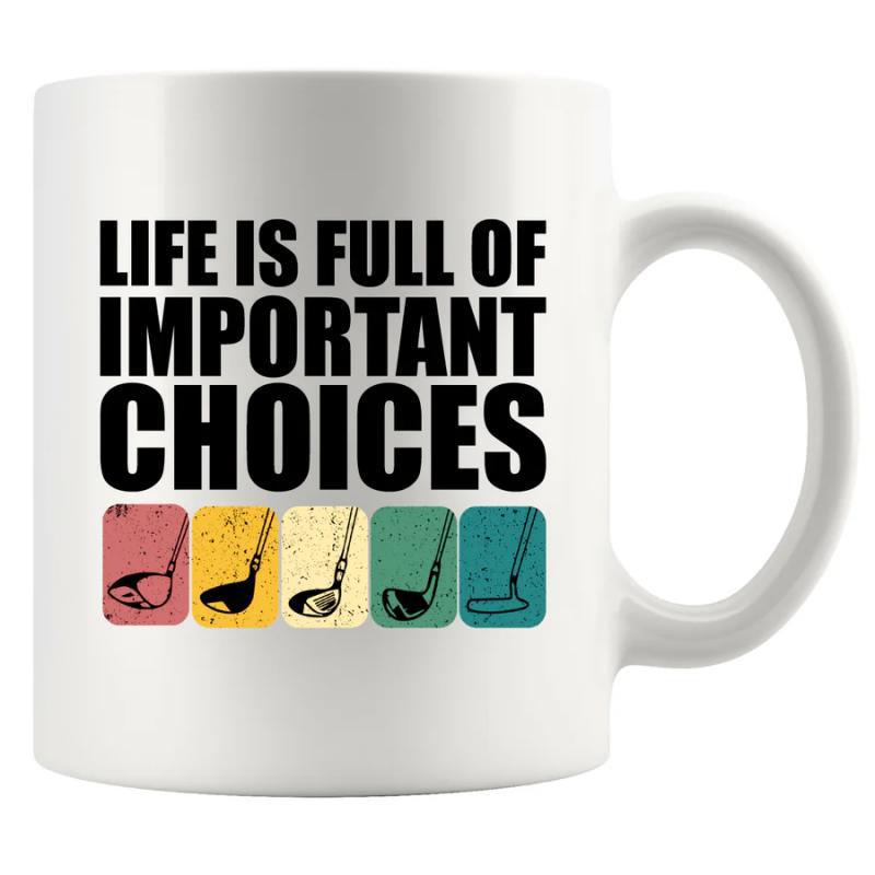 Tailorly White Ceramic 11 oz Mug - Life Is Full Of Important Choices Vintage Retro Colorful Rectangles Displaying Professional Sporting Equipment Heads Silhouette