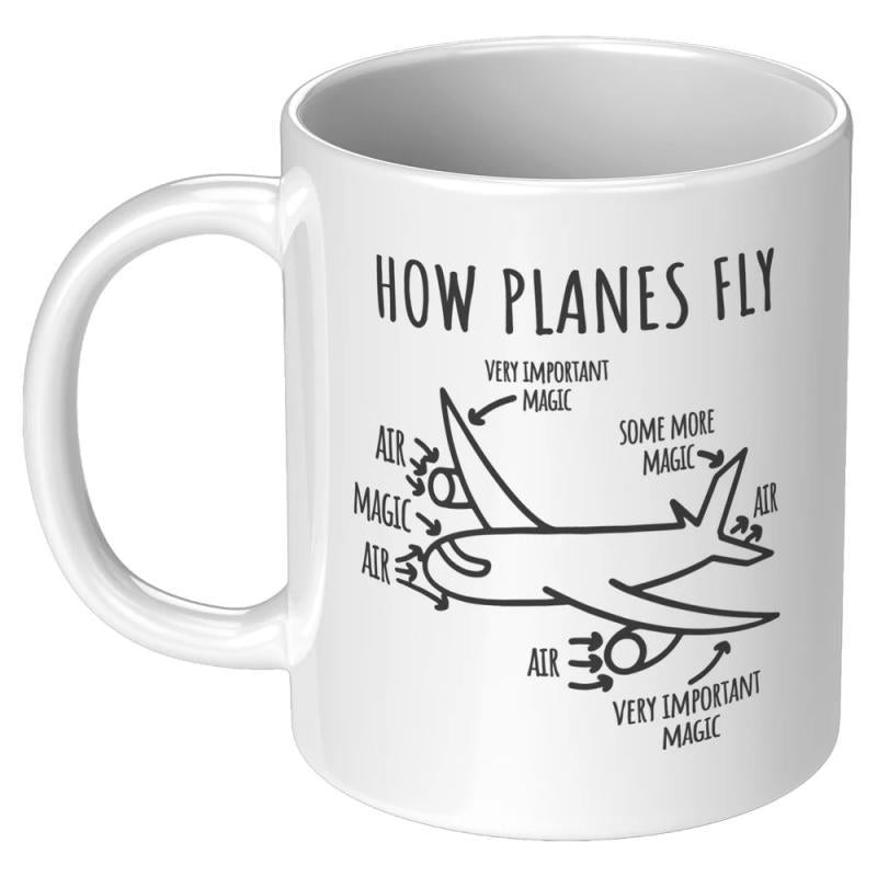 Tailorly White Ceramic 11 oz Mug - How Planes Fly Minimalist Line Drawing Of An Aircraft Flying Through Sky Airplane
