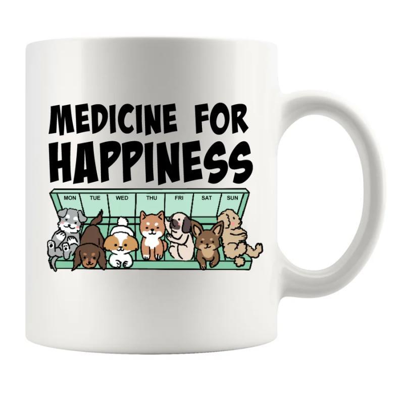 Tailorly White Ceramic 11 oz Mug - Medicine For Happiness Cute Tiny Puppies Sitting In Weekly Green Pill Box Organizer Puppy