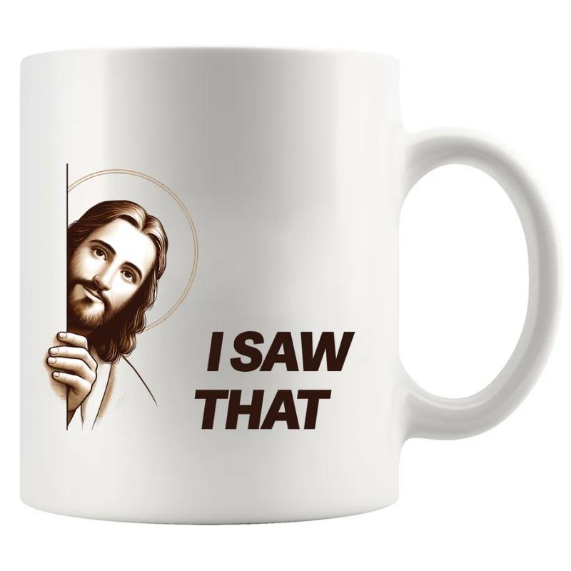 Tailorly White Ceramic 11 oz Mug - I Saw That Peaceful Religious Figure Peeking From Behind A Vertical Wall Edge Jesus