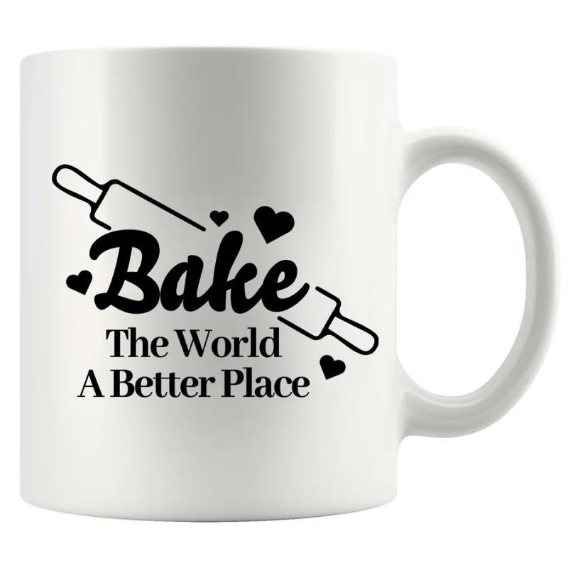 Tailorly White Ceramic 11 oz Mug - Bake The World A Better Place Silhouette Rolling Pin Decorated With Small Black Floating Hearts Rolling Pin