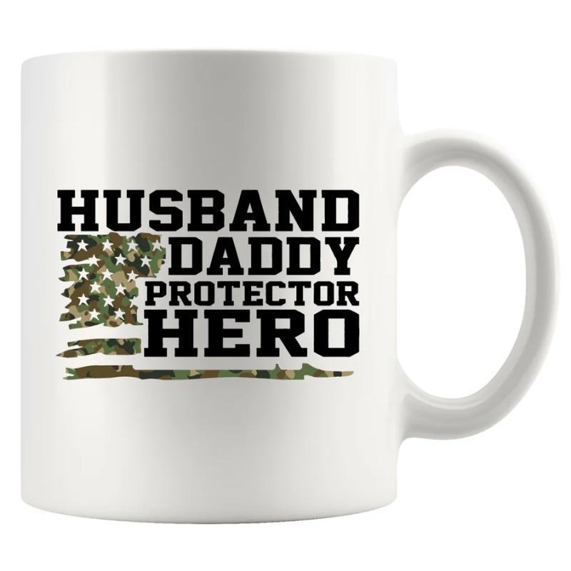 Tailorly White Ceramic 11 oz Mug - Husband Daddy Protector Hero Distressed Camouflage Patriotic American Flag With Bold Block Lettering Flag