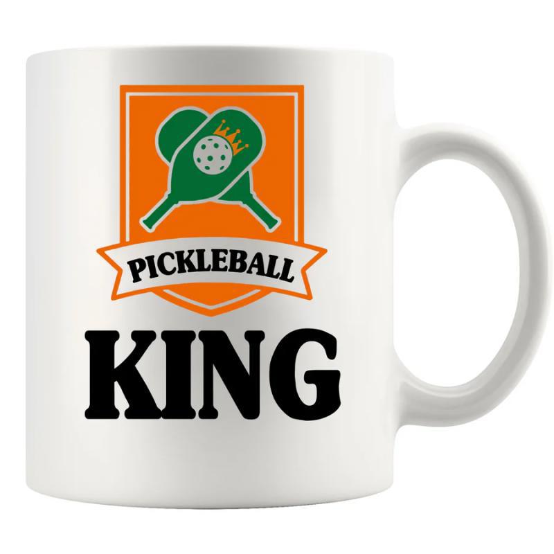 Tailorly White Ceramic 11 oz Mug - Pickleball King Vibrant Orange Shield Featuring Crossed Green Paddles And Ball Paddle