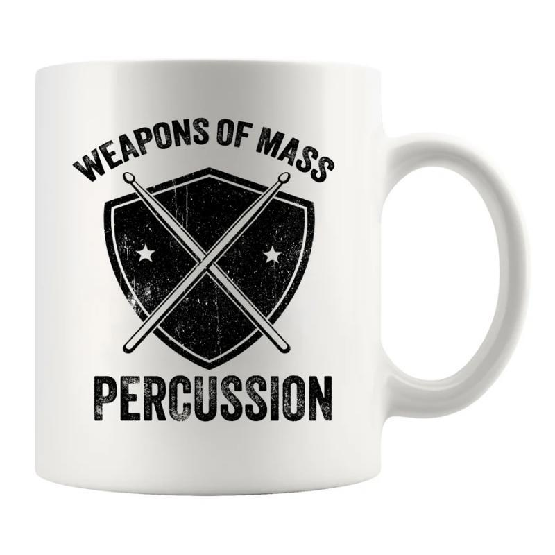 Tailorly White Ceramic 11 oz Mug - Weapons Of Mass Percussion Distressed Crest Shield Featuring Crossed Professional Rhythm Wood Drumsticks