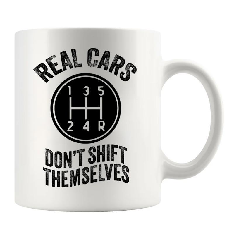 Tailorly White Ceramic 11 oz Mug - Real Cars Don't Shift Themselves Vintage Grunge Style Manual Gear Shift Pattern In A Bold Circular Frame Gearbox