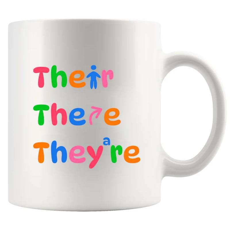 Tailorly White Ceramic 11 oz Mug - Their There They're Vibrant Colorful Alphabet Letters Printed On Simple Smooth Ceramic Mug