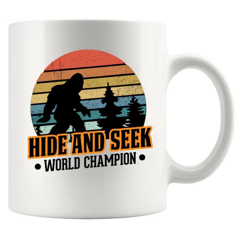Tailorly White Ceramic 11 oz Mug - Hide And Seek World Champion Retro Sunset Background With Silhouette Trees And Mythical Walking Creature Sasquatch