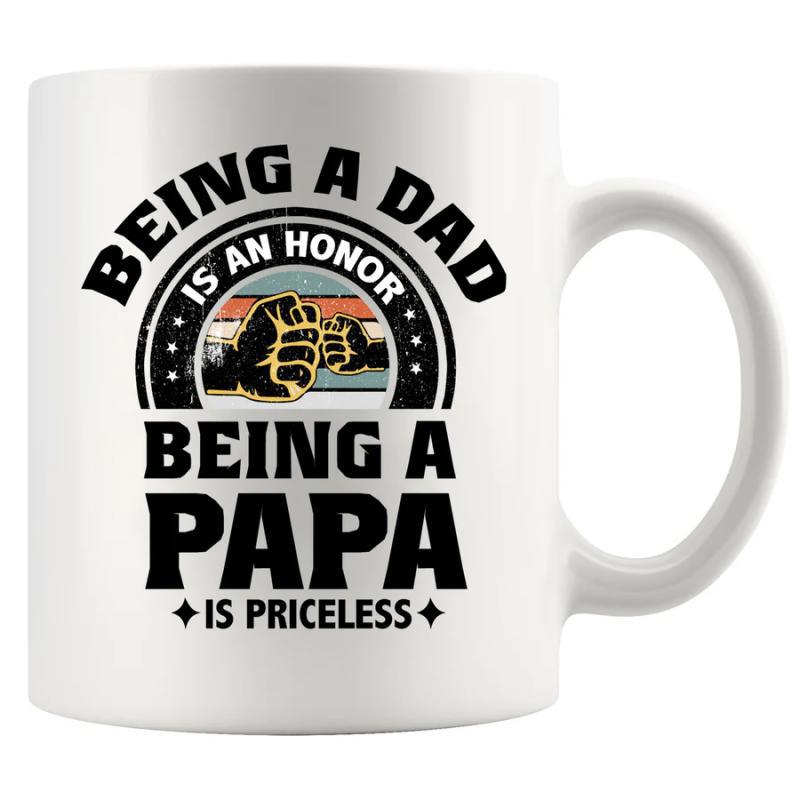 Tailorly White Ceramic 11 oz Mug - Being A Dad Is An Honor Being A Papa Is Priceless Vintage Retro Sunset Colors With Father Son Bonding Fist