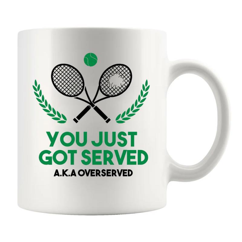 Tailorly White Ceramic 11 oz Mug - You Just Got Served Crossed Tennis Rackets With Green Ball Among Laurel Racket