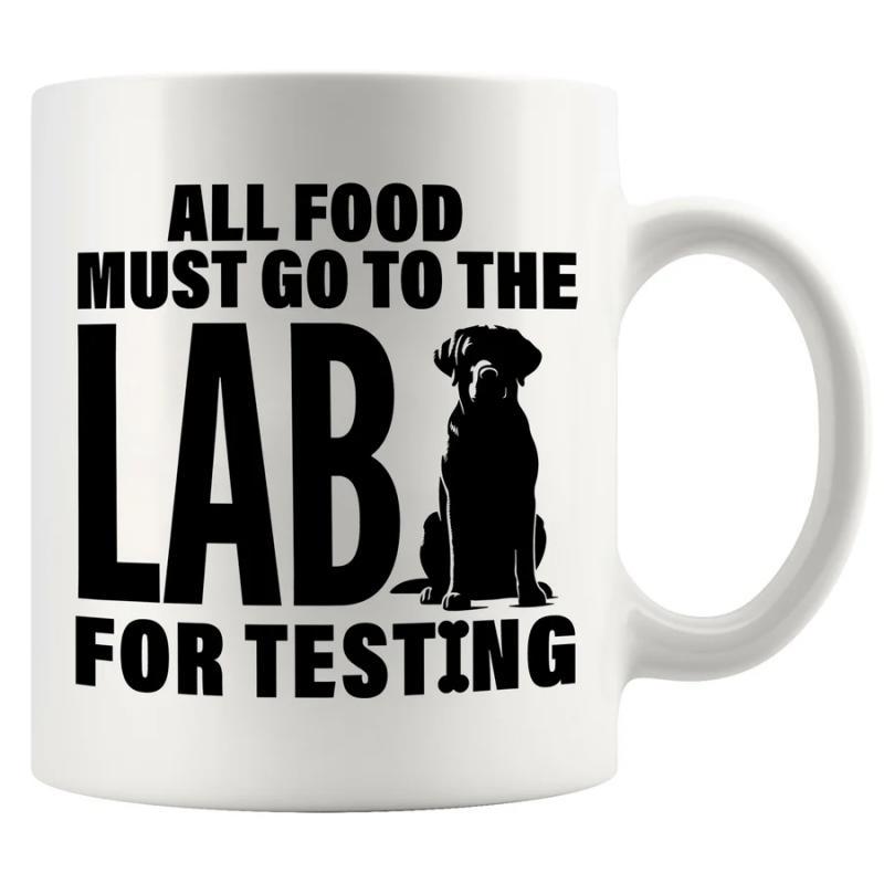 Tailorly White Ceramic 11 oz Mug - All Food Must Go To The Lab For Testing Minimalist Black Silhouette Of A Sitting Labrador Retriever Canine Pet Labrador