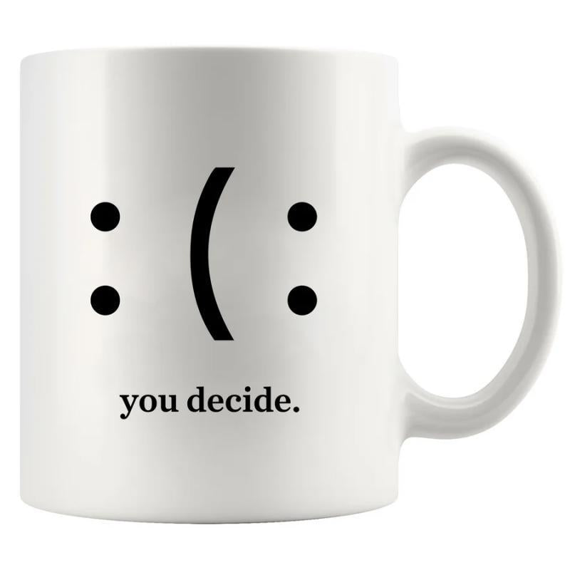 Tailorly White Ceramic 11 oz Mug - You Decide Minimalist Black Facial Expression Symbols Featuring Both Happy And Sad Emoticons