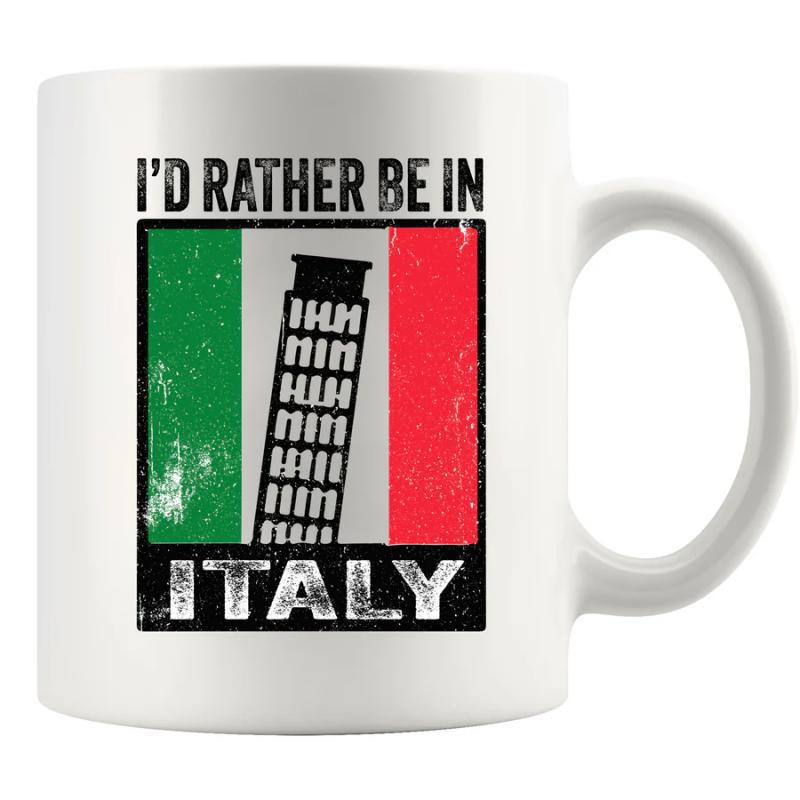 Tailorly White Ceramic 11 oz Mug - Id Rather Be In Italy Distressed Vintage Italian Flag Colors Behind A Leaning Historic Stone Tower