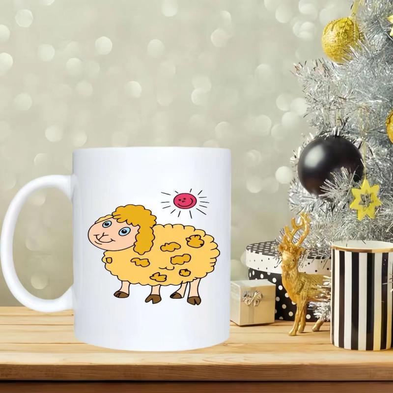Tailorly White Ceramic 11 oz Mug - Adorable Yellow Fluffy Cartoon Lamb Standing Under A Radiant Pink Sun Sheep