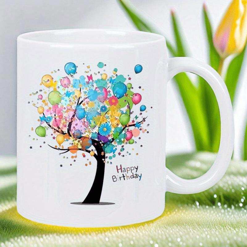 Tailorly White Ceramic 11 oz Mug - Happy Birthday Colorful Balloons And Stars Blooming From A Silhouette Of A Growing Tree