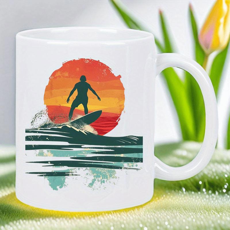 Tailorly White Ceramic 11 oz Mug - Vintage Inspired Sunset Over Waves With A Silhouette Catching Tide Surfer