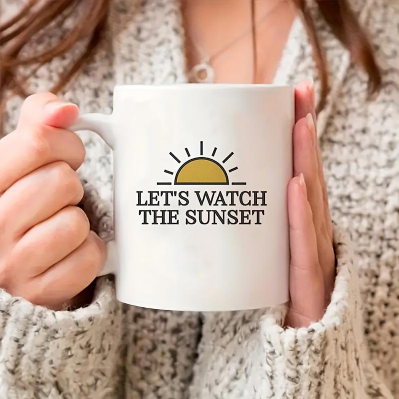 Tailorly White Ceramic 11 oz Mug - Let's Watch The Sunset Minimalist Golden Half Circle With Black Rays Radiating Upwards Sun