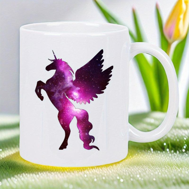Tailorly White Ceramic 11 oz Mug - Ethereal Purple Galaxy Wings Spreading Across Cosmic Starry Background Unicorn
