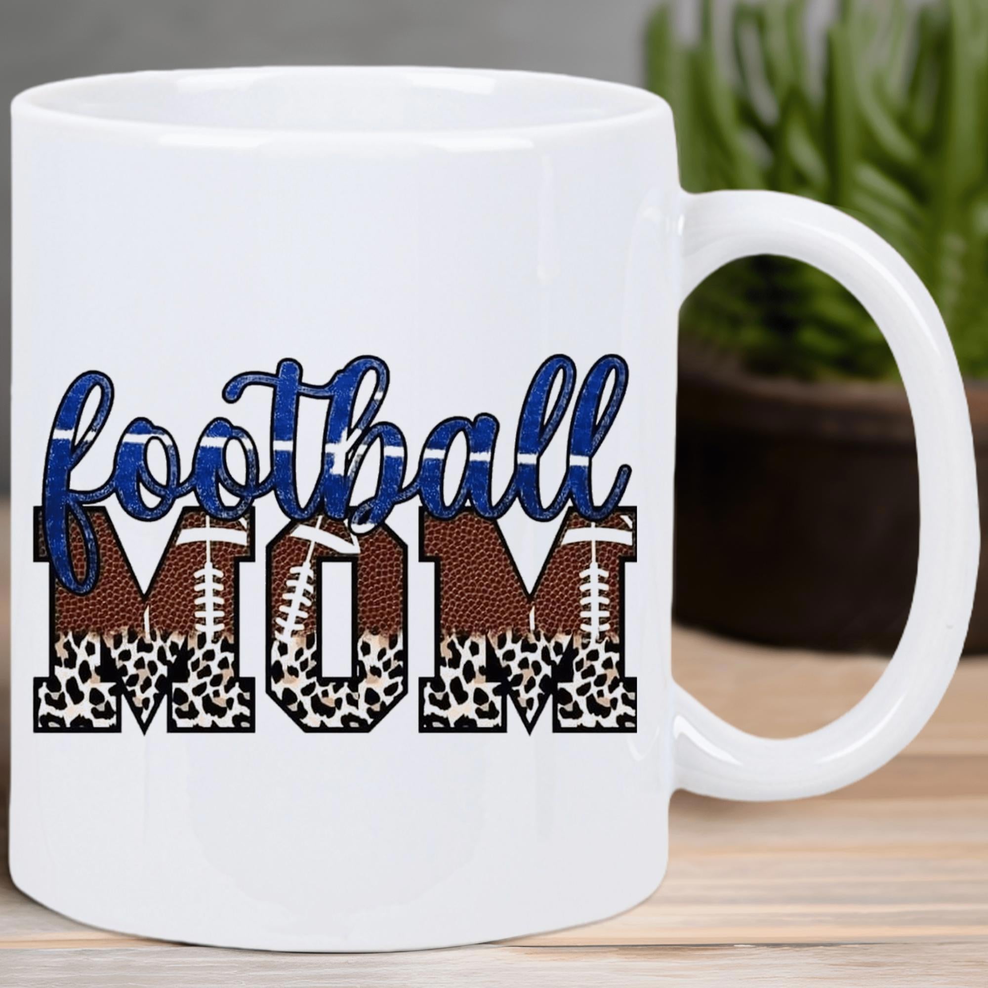 Tailorly White Ceramic 11 oz Mug - Football Mom Textured Sports Ball With Animal Print Pattern On A Ceramic Mug