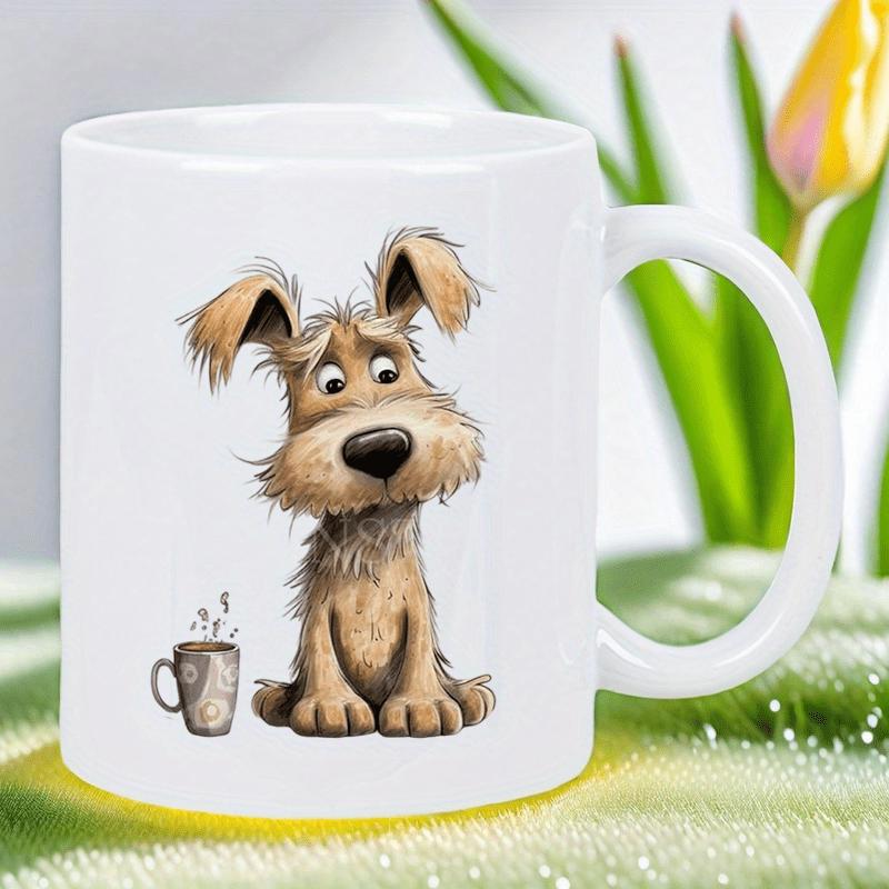 Tailorly White Ceramic 11 oz Mug - Whimsical Shaggy Brown Scruffy Pup Sitting Patiently Next To Steaming Coffee Dog