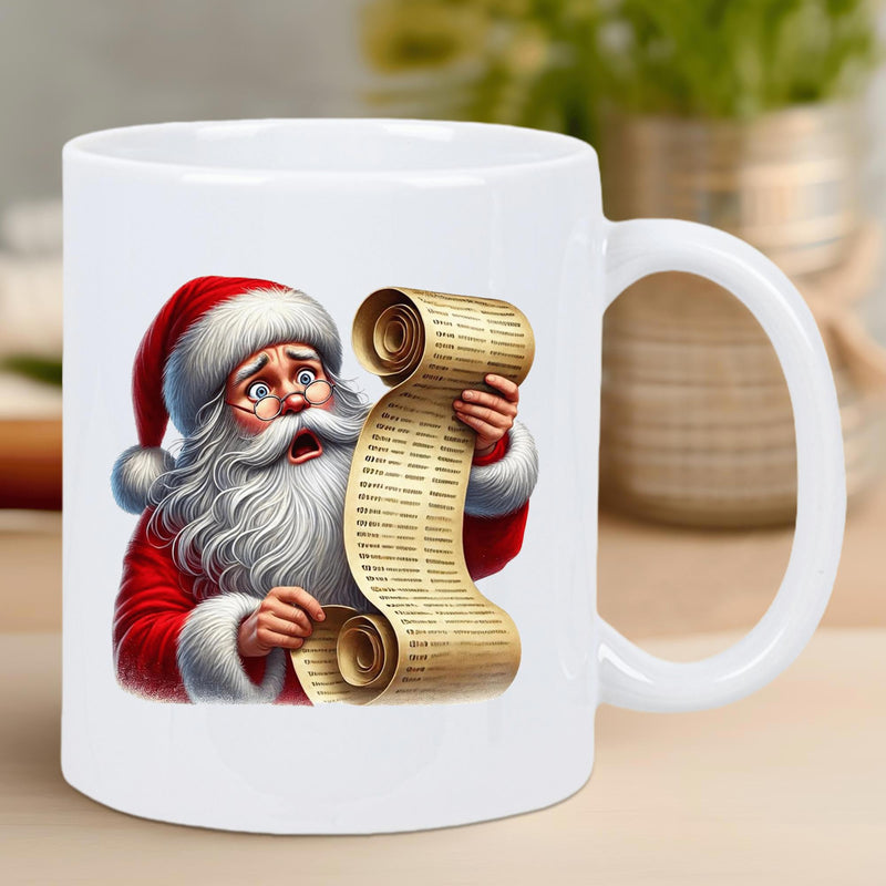 Tailorly White Ceramic 11 oz Mug - Festive Christmas Man Holding Long List Under Golden Magic Light Santa Claus